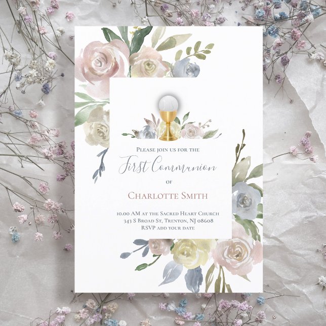 Catholic First Communion delicate flowers bouquets Invitation (Creator Uploaded)