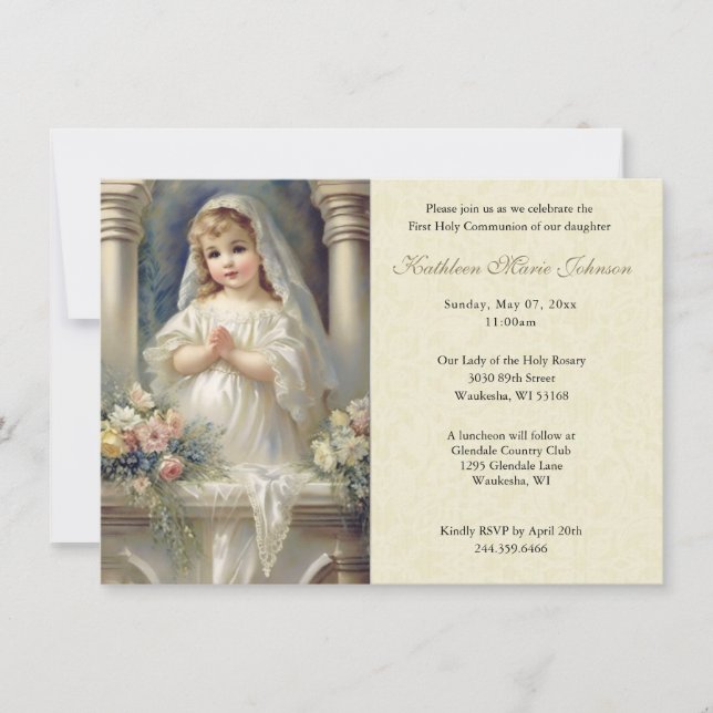 Catholic First Communion Girl Floral  Invitation (Front)