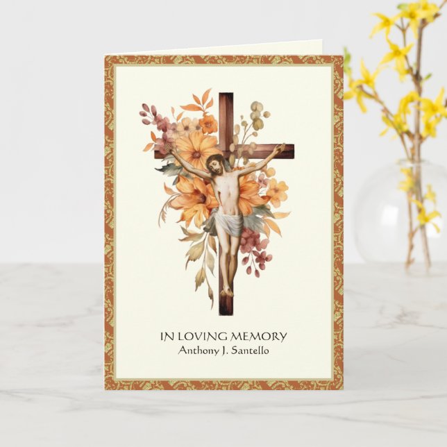 Catholic Floral Cross funeral Mass prayer  Card (Yellow Flower)