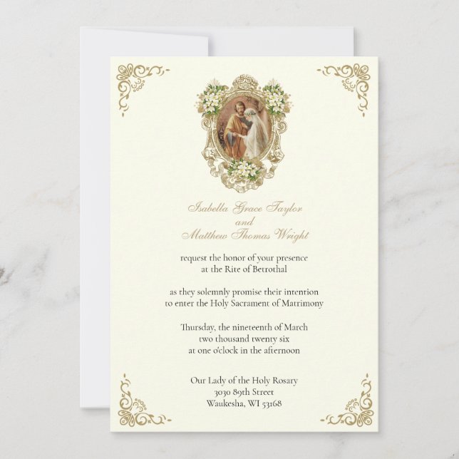 CATHOLIC FLORAL GOLD  BETROTHAL INVITATIONS (Front)
