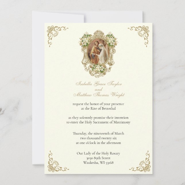 CATHOLIC FLORAL GOLD  BETROTHAL INVITATIONS (Front)