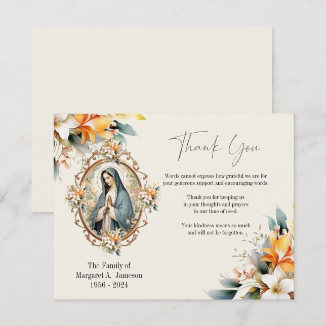 Catholic Floral Mary Funeral Condolence Sympathy Thank You Card (Front/Back)
