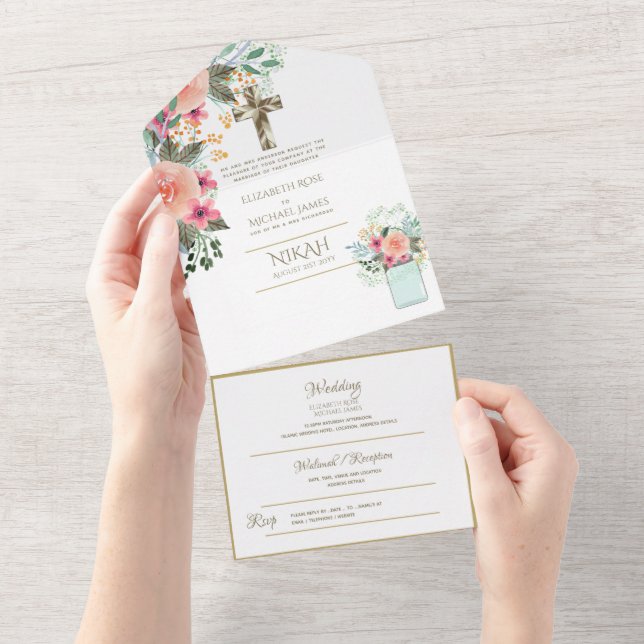 Catholic Floral Wedding Invitations Modern Cross (Tearaway)