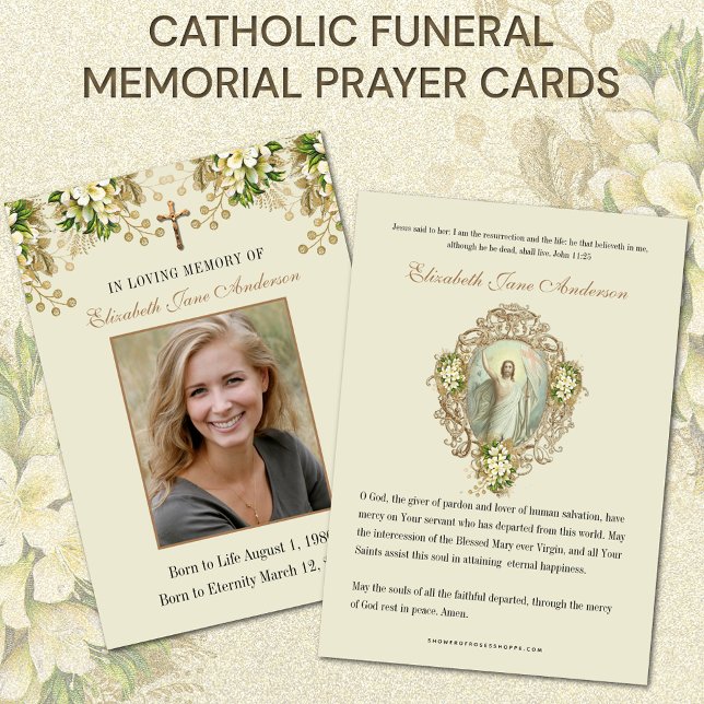 Catholic Funeral Memorial Floral Prayer Card (Easy to Personalize)