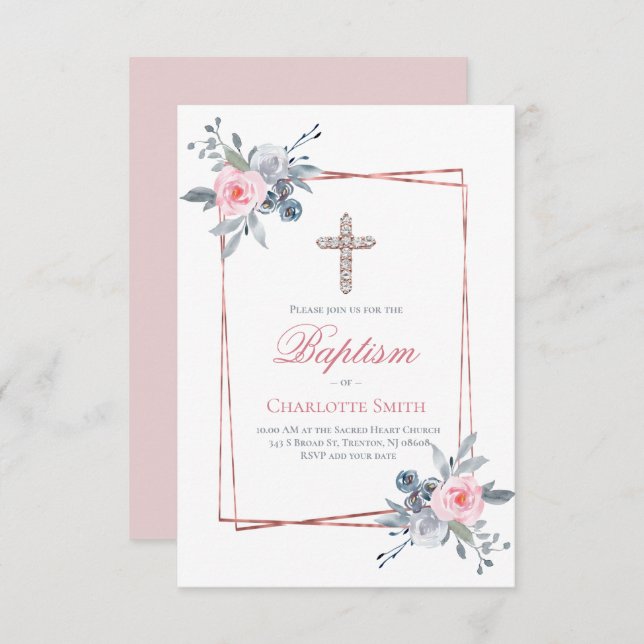 Catholic girl Baptism floral frame Invitation (Front/Back)
