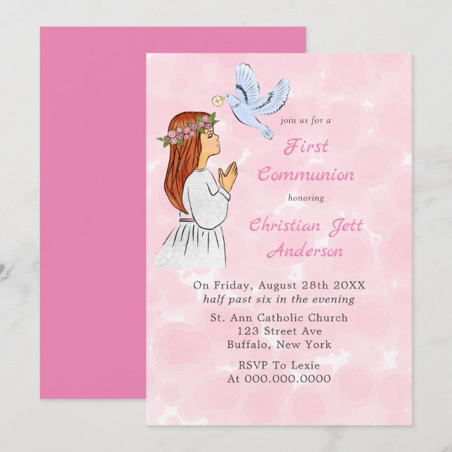 Catholic Girl with Dove First Communion Invitation (Front/Back)