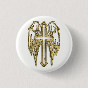 catholic-gold cross white 1 inch round button