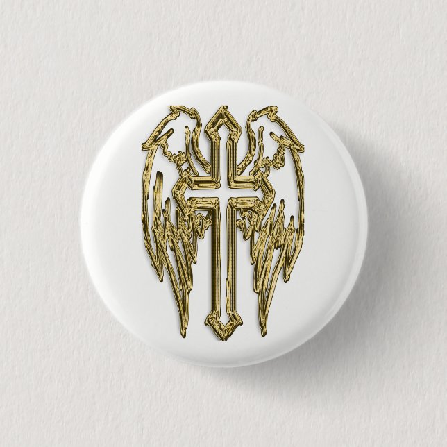 catholic-gold cross white 1 inch round button (Front)