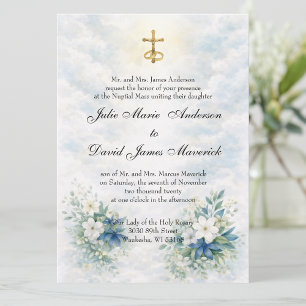 Catholic Gold Crucifix Blue and White Floral  Invitation