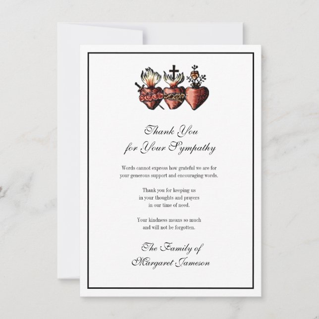 Catholic Hearts Jesus Mary Joseph Funeral  Thank You Card (Front)