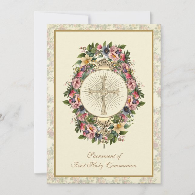 Catholic Holy Communion Floral Gold Cross Invitation (Front)