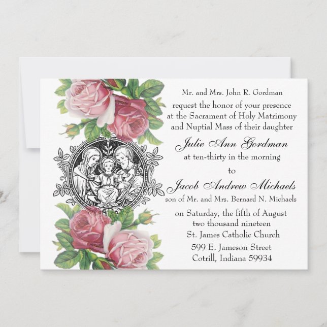 Catholic Holy Family Pink Roses Wedding Invitation (Front)