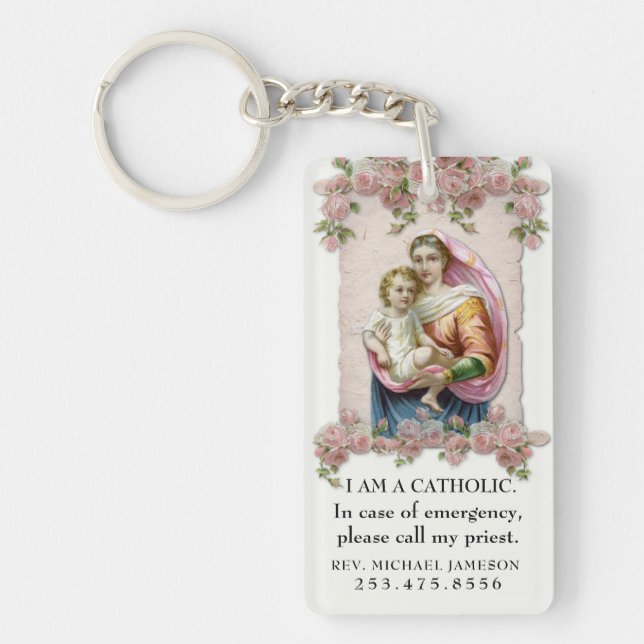 Catholic ID Virgin Mary Baby Jesus Pink Roses  Keychain (Front)