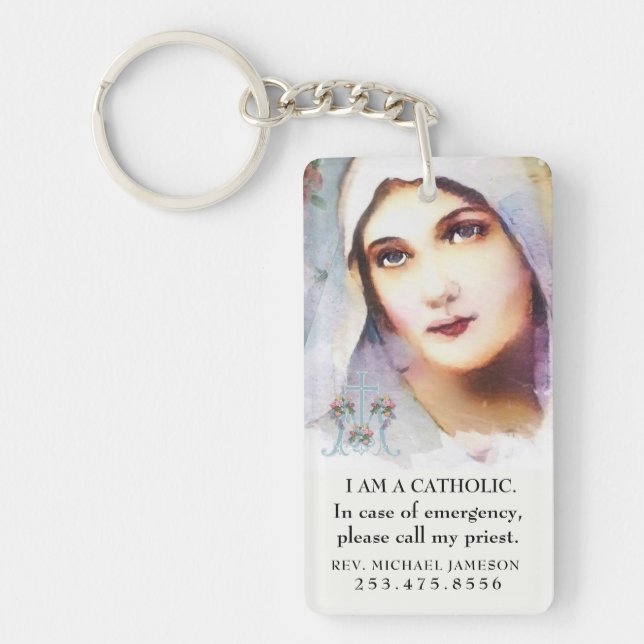 Catholic ID Virgin Mary Vintage Pink Roses Keychain (Front)