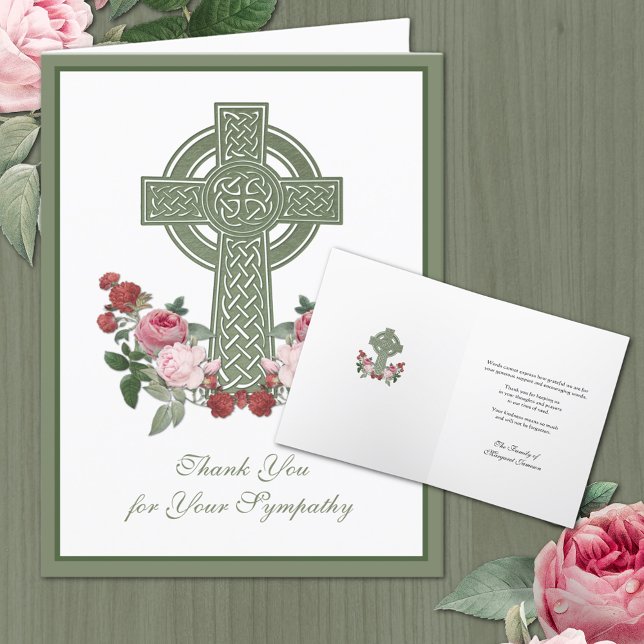 Catholic Irish Celtic Cross Roses Condolence Thank You Card (Beautiful Moss Green Irish Celtic Cross with pink and red roses Condolence thank you cards)