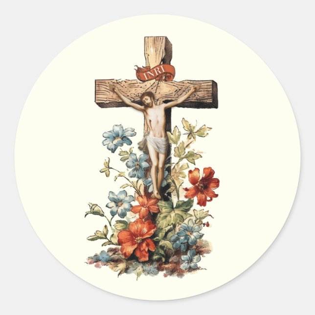  Catholic Jesus Crucifixion Floral Cross Classic Round Sticker (Front)