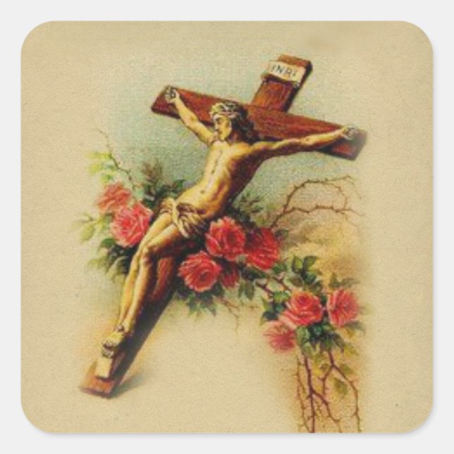 Catholic Jesus on Crucifix Roses Square Sticker (Front)