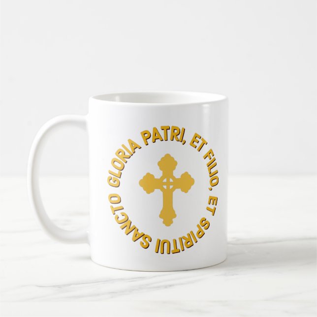 Catholic Latin Mass Glory Be Prayer White and Gold Coffee Mug (Left)