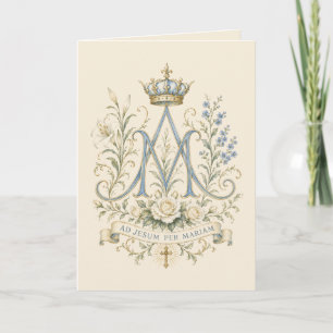Catholic Marian Cross Blue Floral  Monogram Thank You Card
