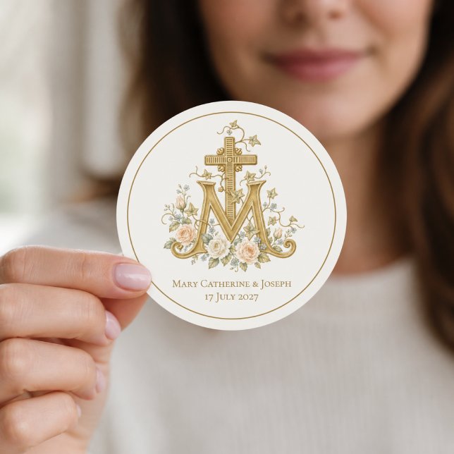 Catholic Marian Cross Monogram with roses Classic Round Sticker (Creator Uploaded)
