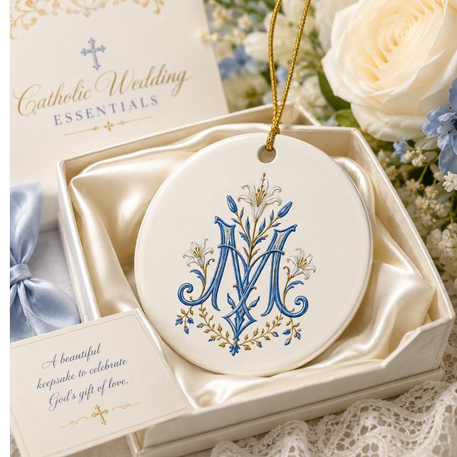 Catholic Marian Monogram Blue Floral  Ceramic Ornament (Creator Uploaded)
