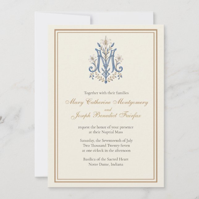 Catholic Marian Monogram Nuptial Invitation (Front)