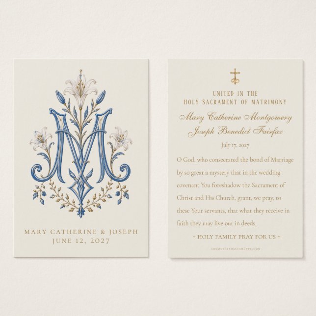 Catholic Marian Monogram Wedding Prayer Cards (Front & Back)