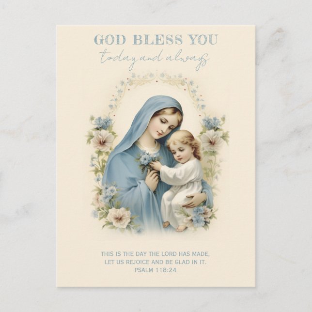Catholic Mary and Jesus Floral Scripture Postcard (Front)