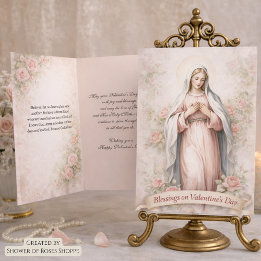 Catholic Mother Mary Pink Roses Valentine Holiday Card