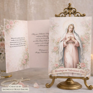 Catholic Mother Mary Pink Roses Valentine Holiday Card