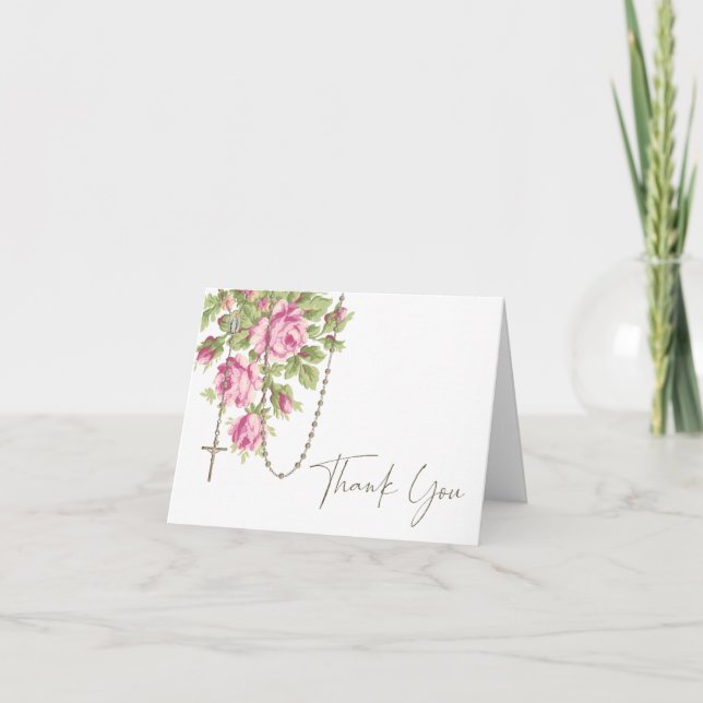Catholic Pink Roses Blessed Mary Rosary Thank You Card (Front)