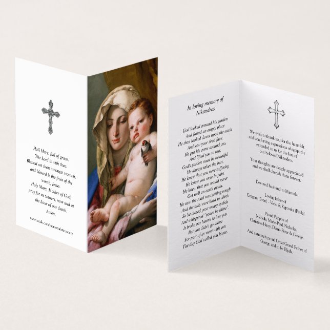 Catholic Prayer Cards | Madonna of the Goldfinch (Inside and Outside)