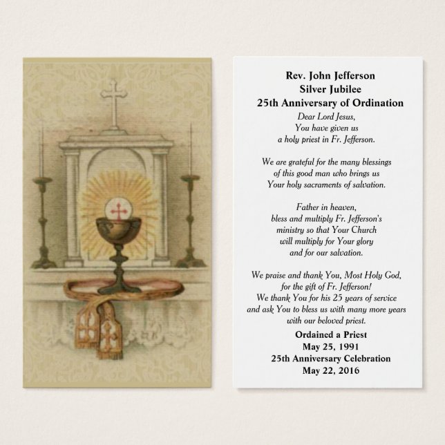 CATHOLIC PRIEST ORDINATION TABERNACLE PRAYER CARD (Front & Back)