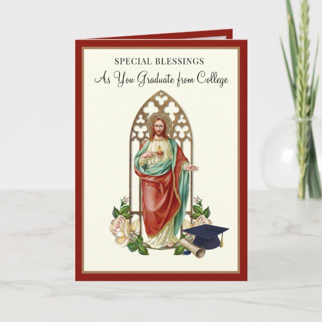 Catholic Religious Graduation Sacred Heart Roses  Card (Front)