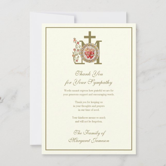 Catholic Religious Hearts Jesus Mary Funeral  Thank You Card (Front)