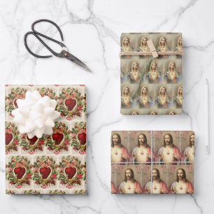 Catholic Religious Sacred Heart Jesus Virgin Mary  Wrapping Paper Sheet