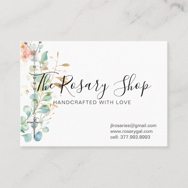 Catholic Rosary Eucalyptus Religious Floral Business Card (Front)