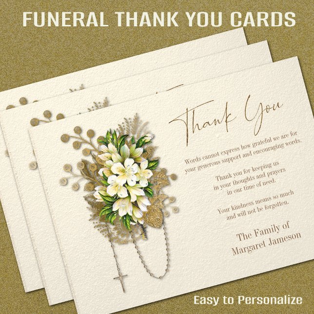 Catholic Rosary Floral Funeral Condolence Sympathy Thank You Card (Catholic Funeral Thank You Cards - Easy to Personalize -= FREE SHIPPING at checkout)