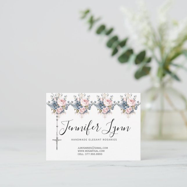 Catholic Rosary Religious Pink Roses Business Card (Standing Front)