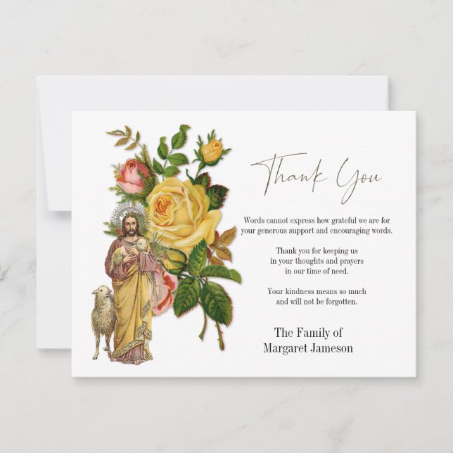 Catholic Roses Jesus  Funeral Condolence Sympathy Thank You Card (Front)
