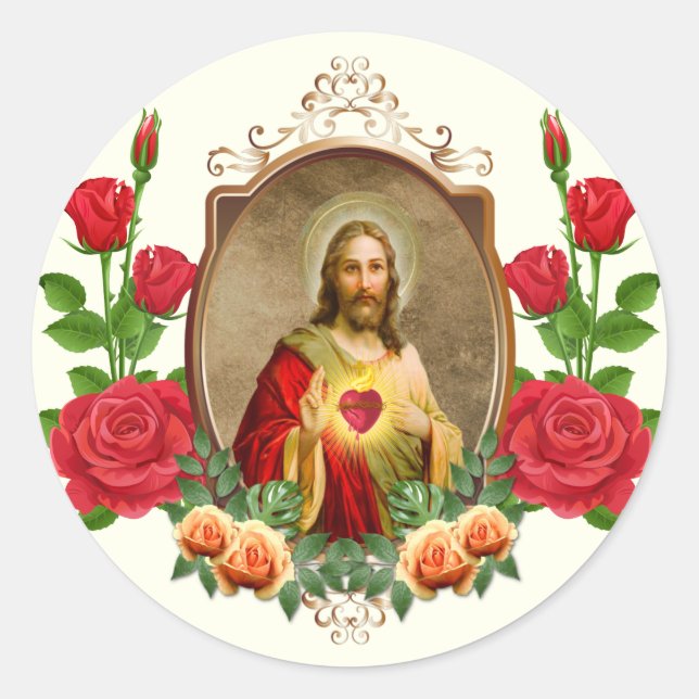 Catholic Sacred Heart Jesus Roses Elegant Classic Round Sticker (Front)