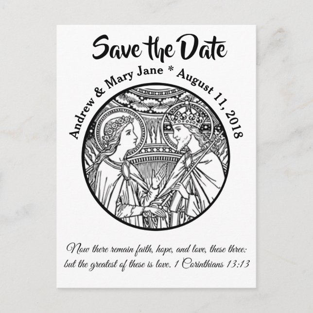 Catholic SAVE THE DATE Wedding Black & White Announcement Postcard (Front)
