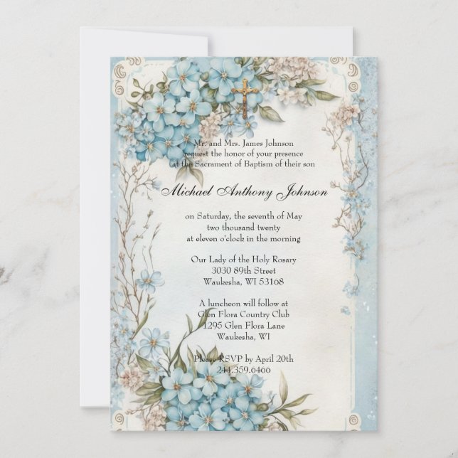 Catholic Vintage Baptism Christening Baby Boy Invi Invitation (Front)