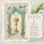 Catholic Vintage First Holy Communion Invitation<br><div class="desc">Celebrating the Sacrament of First Holy Communion is a wondrous occasion. This traditional Catholic custom-designed vintage First Holy Communion Invitation the Holy Eucharist and Angels above in adoration with a lace doily design background.  All text and fonts can be easily modified.</div>