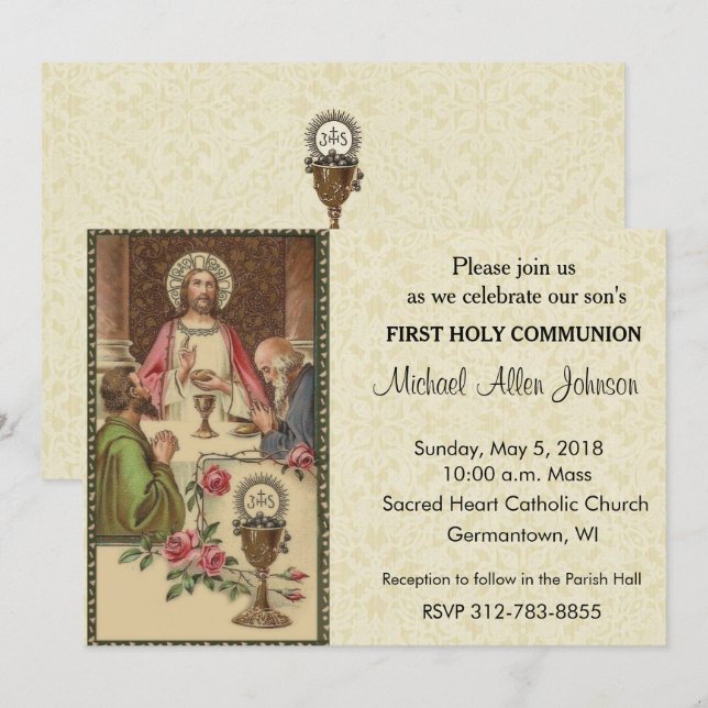 Catholic Vintage First Holy Communion Invitations (Front/Back)