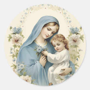 Catholic Vintage Madonna & Child Floral Classic Round Sticker