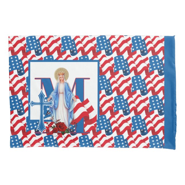 Catholic Virgin Mary Cross American Flag Religious Pillowcase (Front)