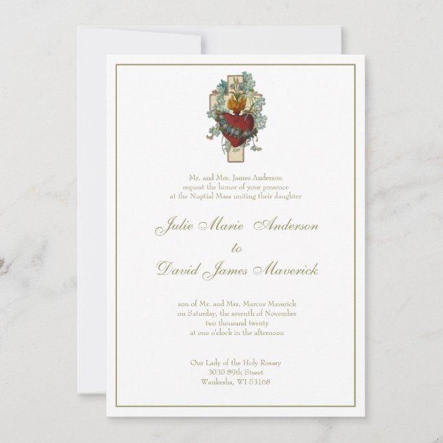 Catholic Virgin Mary Cross Floral  Wedding Invitation (Front)