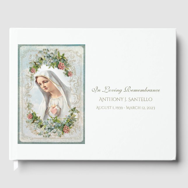 Catholic Virgin Mary Floral  Memorial Funeral Guest Book (Front)
