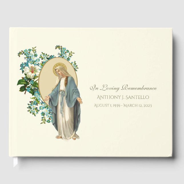 Catholic Virgin Mary Floral  Memorial Funeral Guest Book (Front)